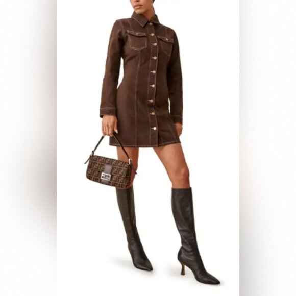 Reformation Newman Long Sleeve Stretch Cotton Denim Minidress - Picture 1 of 1